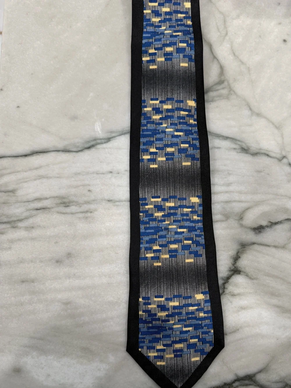 Vintage Pierre Balmain Couture 100% Silk Tie Black Blue Abstract Geometric Mosai